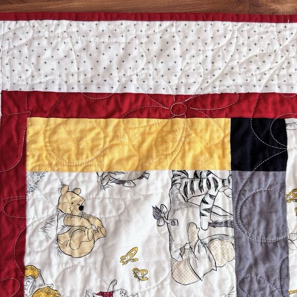 Handmade Winnie the Pooh Baby Quilt 45”x36” Yellow Gray Red Patchwork Blanket - Picture 7 of 11